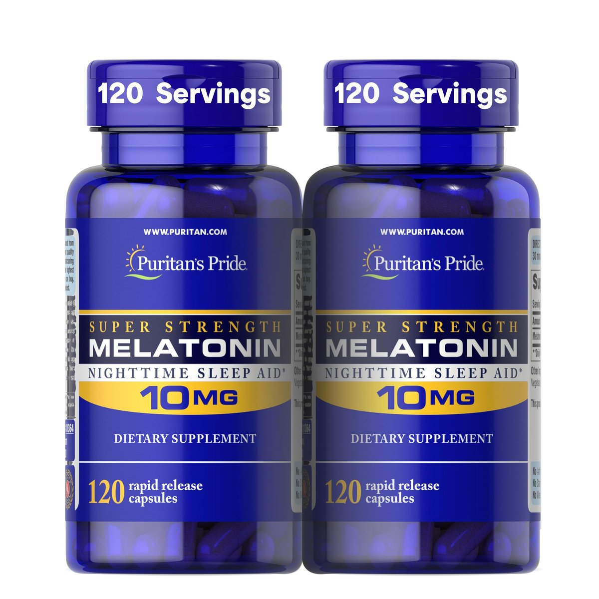 Puritan's Pride Premium Super Strength Melatonin 10mg Schlafhilfe, Nahrungsergänzungsmittel für erholsamen und längeren Schlaf, 4-Monats-Vorrat, 120 Schnellfreisetzungskapseln, 2er-Pack (Verpackung kann variieren)