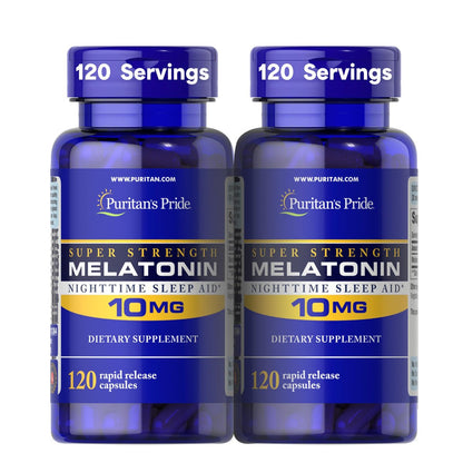 Puritan's Pride Premium Super Strength Melatonin 10mg Schlafhilfe, Nahrungsergänzungsmittel für erholsamen und längeren Schlaf, 4-Monats-Vorrat, 120 Schnellfreisetzungskapseln, 2er-Pack (Verpackung kann variieren)