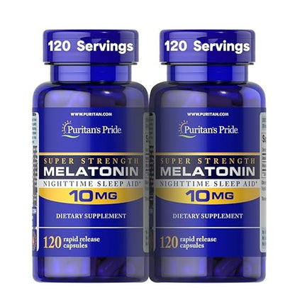 Puritan's Pride Premium Super Strength Melatonin 10mg Schlafhilfe, Nahrungsergänzungsmittel für erholsamen und längeren Schlaf, 4-Monats-Vorrat, 120 Schnellfreisetzungskapseln, 2er-Pack (Verpackung kann variieren)