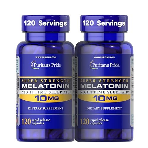 Puritan's Pride Premium Super Strength Melatonin 10mg Schlafhilfe, Nahrungsergänzungsmittel für erholsamen und längeren Schlaf, 4-Monats-Vorrat, 120 Schnellfreisetzungskapseln, 2er-Pack (Verpackung kann variieren)