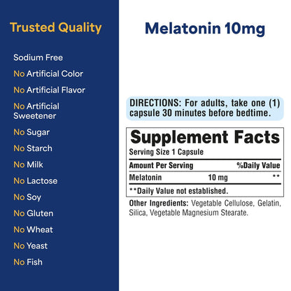 Puritan's Pride Premium Super Strength Melatonin 10mg Schlafhilfe, Nahrungsergänzungsmittel für erholsamen und längeren Schlaf, 4-Monats-Vorrat, 120 Schnellfreisetzungskapseln, 2er-Pack (Verpackung kann variieren)