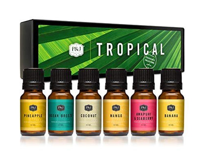 P&J Trading Duftöl Tropical Set | Banane, Kokosnuss, Awapuhi & Seaberry, Ananas, Mango, Meeresbrise – 6er-Pack mit je 10 ml für Kerzen, Seifen, Diffuser & Frischeduft