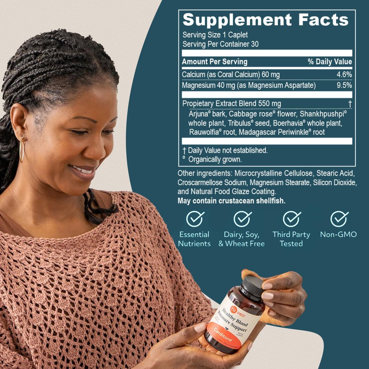 ruved Carditone – Natürliches Herzgesundheits-Supplement für Frauen & Männer, Blutdruckformel, Ganzheitliche Herzunterstützung mit Rauwolfia, Arjuna, Calcium und Magnesium – 30 Portionen