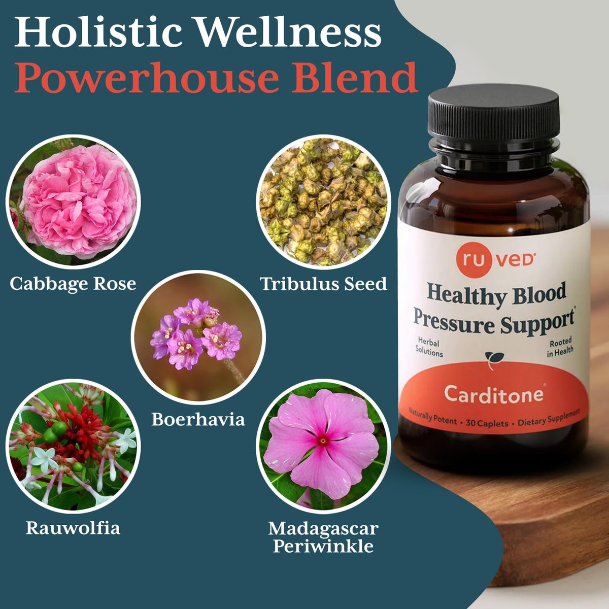ruved Carditone – Natürliches Herzgesundheits-Supplement für Frauen & Männer, Blutdruckformel, Ganzheitliche Herzunterstützung mit Rauwolfia, Arjuna, Calcium und Magnesium – 30 Portionen