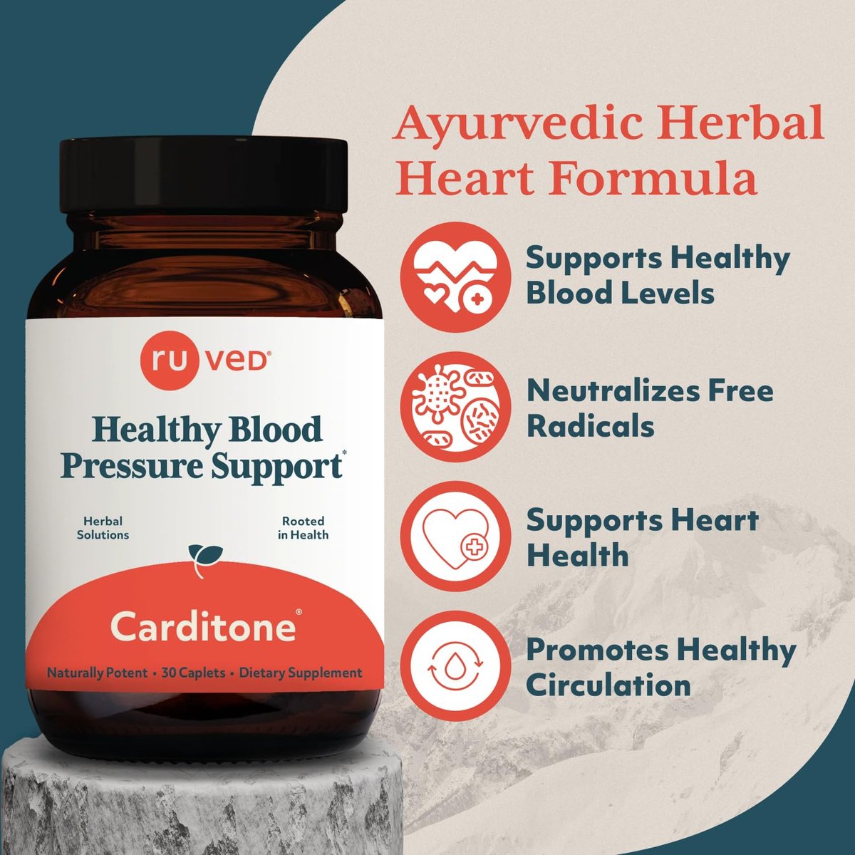 ruved Carditone – Natürliches Herzgesundheits-Supplement für Frauen & Männer, Blutdruckformel, Ganzheitliche Herzunterstützung mit Rauwolfia, Arjuna, Calcium und Magnesium – 30 Portionen