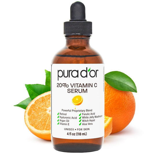 PURA D'OR 20% Vitamin C Gesichtsserum 4 oz – Antioxidative Formel mit Retinol, Hyaluronsäure, Vitamin E, Ferulasäure – Feuchtigkeitsspendende, leichte Hautpflege für Männer und Frauen