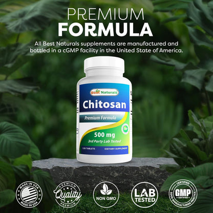 Best Naturals Chitosan 500 mg – 120 Tabletten – Hochwertiger Ballaststoff zur Unterstützung der Gewichtskontrolle