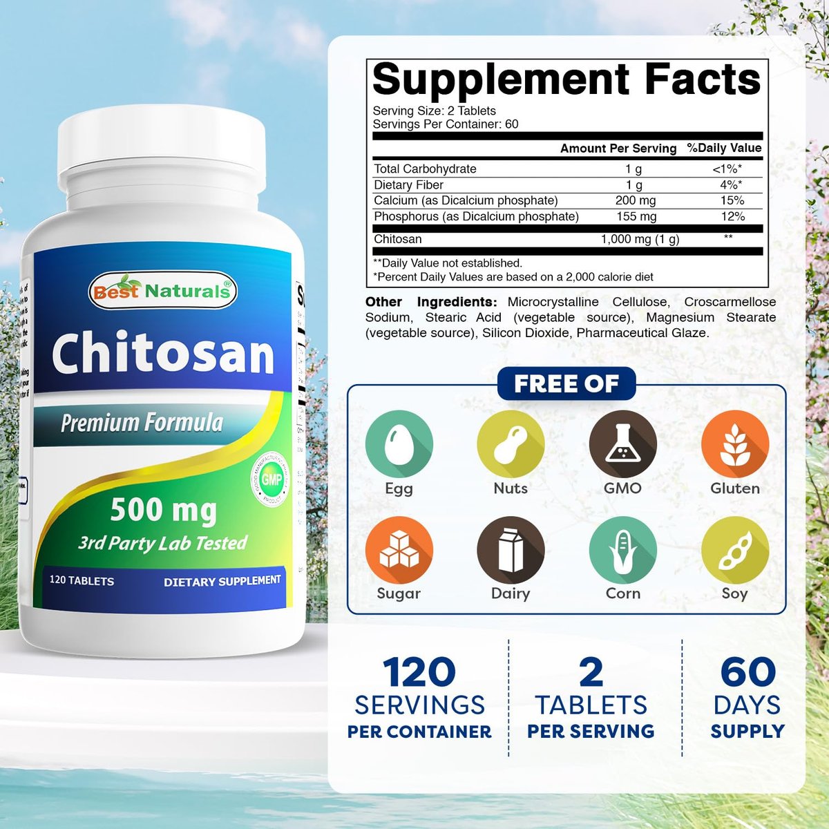 Best Naturals Chitosan 500 mg – 120 Tabletten – Hochwertiger Ballaststoff zur Unterstützung der Gewichtskontrolle