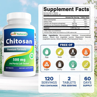 Best Naturals Chitosan 500 mg – 120 Tabletten – Hochwertiger Ballaststoff zur Unterstützung der Gewichtskontrolle
