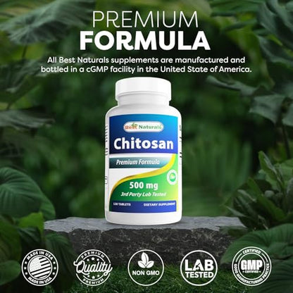 Best Naturals Chitosan 500 mg – 120 Tabletten – Hochwertiger Ballaststoff zur Unterstützung der Gewichtskontrolle