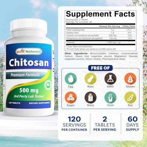 Best Naturals Chitosan 500 mg – 120 Tabletten – Hochwertiger Ballaststoff zur Unterstützung der Gewichtskontrolle