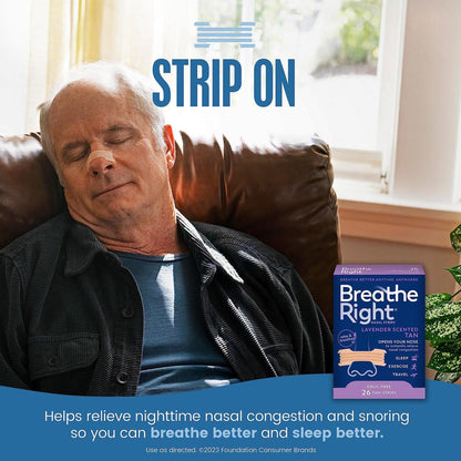 Breathe Right Nasal Strips Lavendel-Duft, Extra Stark, Beige Nasenpflaster gegen Nasenverstopfung durch Erkältungen & Allergien, Bessere Atmung, Weniger Schnarchen, Ohne Medikamente, 26 Stück (Verpackung kann variieren)