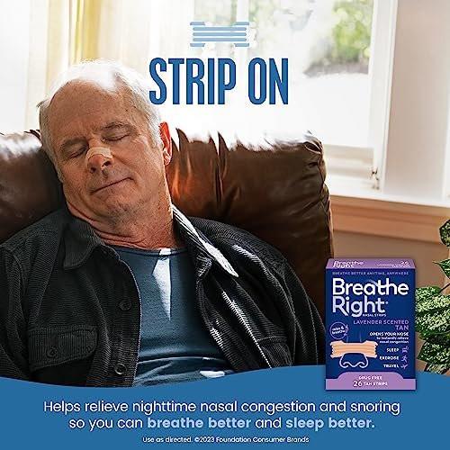Breathe Right Nasal Strips Lavendel-Duft, Extra Stark, Beige Nasenpflaster gegen Nasenverstopfung durch Erkältungen & Allergien, Bessere Atmung, Weniger Schnarchen, Ohne Medikamente, 26 Stück (Verpackung kann variieren)