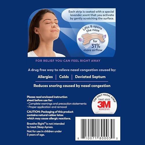 Breathe Right Nasal Strips Lavendel-Duft, Extra Stark, Beige Nasenpflaster gegen Nasenverstopfung durch Erkältungen & Allergien, Bessere Atmung, Weniger Schnarchen, Ohne Medikamente, 26 Stück (Verpackung kann variieren)