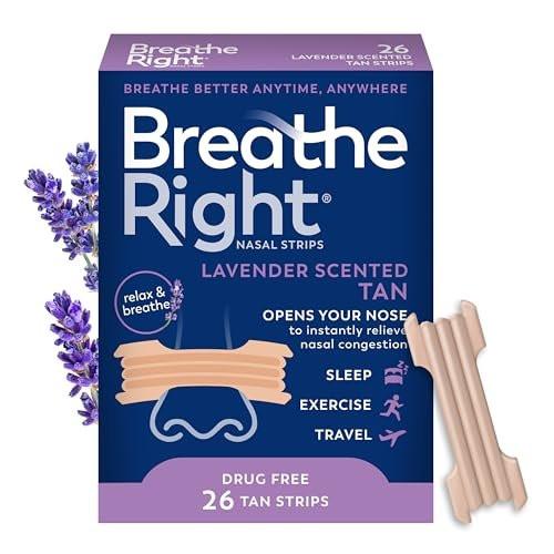 Breathe Right Nasal Strips Lavendel-Duft, Extra Stark, Beige Nasenpflaster gegen Nasenverstopfung durch Erkältungen & Allergien, Bessere Atmung, Weniger Schnarchen, Ohne Medikamente, 26 Stück (Verpackung kann variieren)