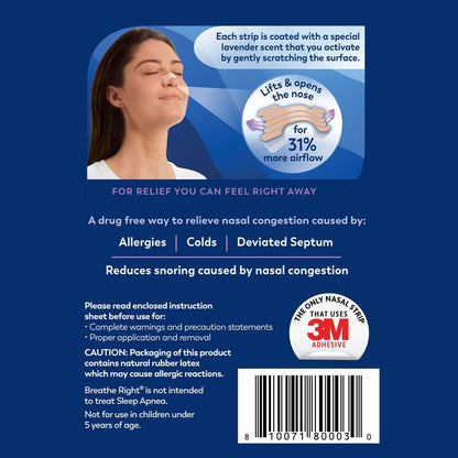 Breathe Right Nasal Strips Lavendel-Duft, Extra Stark, Beige Nasenpflaster gegen Nasenverstopfung durch Erkältungen & Allergien, Bessere Atmung, Weniger Schnarchen, Ohne Medikamente, 26 Stück (Verpackung kann variieren)