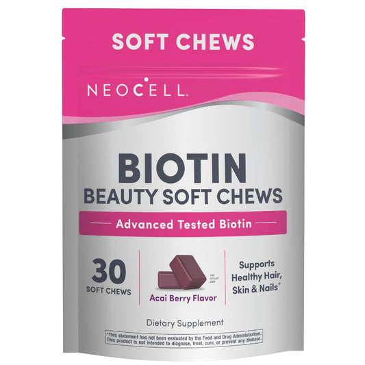 NeoCell Biotin Beauty Soft Chews – 30 Stück, 10.000 mcg, für Haar, Haut & Nägel, Acai-Beere-Geschmack