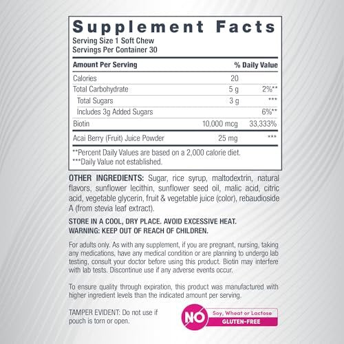 NeoCell Biotin Beauty Soft Chews – 30 Stück, 10.000 mcg, für Haar, Haut & Nägel, Acai-Beere-Geschmack