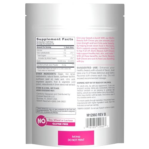 NeoCell Biotin Beauty Soft Chews – 30 Stück, 10.000 mcg, für Haar, Haut & Nägel, Acai-Beere-Geschmack