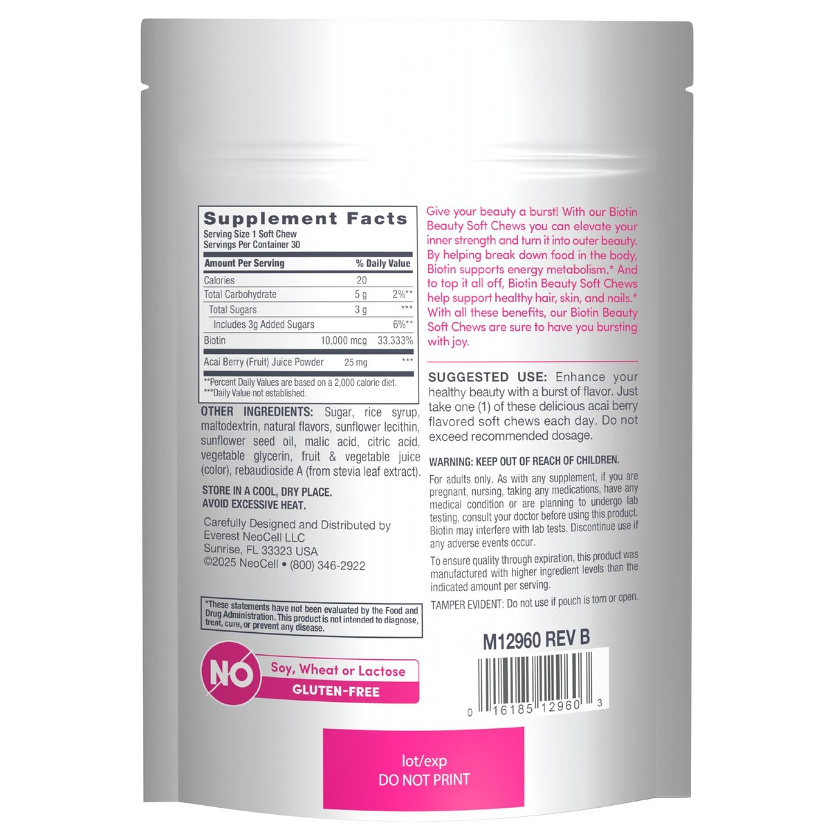 NeoCell Biotin Beauty Soft Chews – 30 Stück, 10.000 mcg, für Haar, Haut & Nägel, Acai-Beere-Geschmack