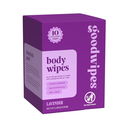 Goodwipes Körperpflegetücher, besonders groß für den ganzen Körper, mit Aloe Vera, pflanzlich und hypoallergen, Schweiß und Geruch entfernen, für Gesicht und Körper - Lavendel, 10 Tücher