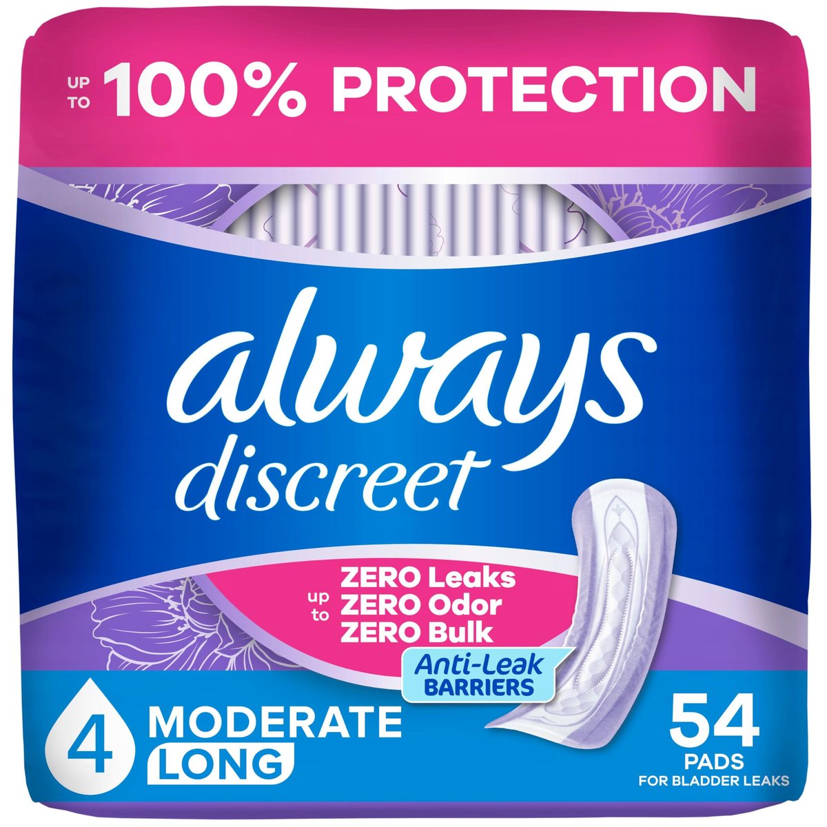 Always Discreet Inkontinenz-Einlagen für Frauen, Trockener, 4 Tropfen, Lange Länge, Mittlere Saugfähigkeit, Einlagen für Blasenkontrolle, Blasenschwäche & Wochenbett, 54 Stück