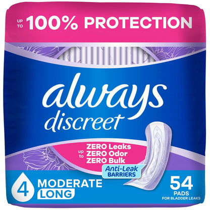 Always Discreet Inkontinenz-Einlagen für Frauen, Trockener, 4 Tropfen, Lange Länge, Mittlere Saugfähigkeit, Einlagen für Blasenkontrolle, Blasenschwäche & Wochenbett, 54 Stück