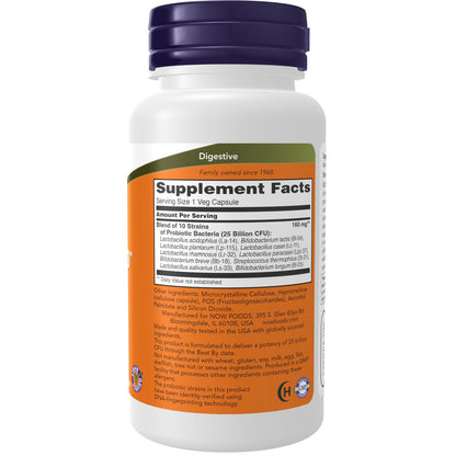 NOW Foods Probiotika-10™, 25 Milliarden, mit 10 probiotischen Stämmen, milch-, soja- und glutenfrei, stammgeprüft, 100 vegane Kapseln