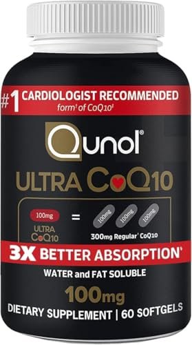 Qunol Ultra CoQ10 100 mg – 3-fach bessere Absorption, wasser- und fettlöslich, patentiertes Coenzym Q10 für die Herzgesundheit, 60 Softgels