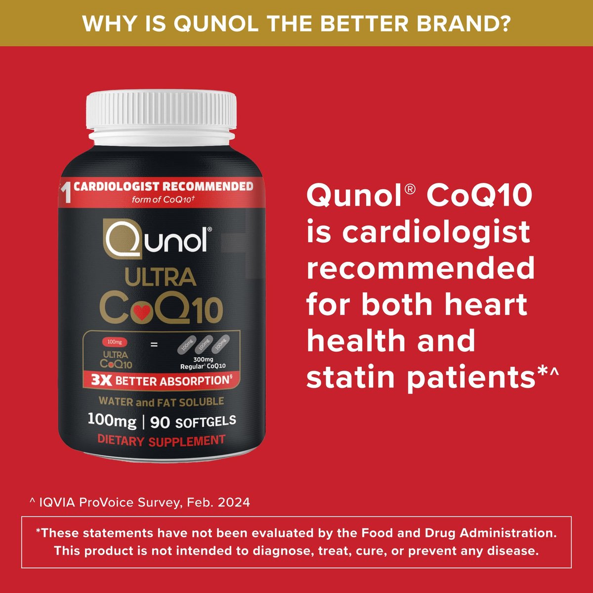 Qunol Ultra CoQ10 100 mg – 3-fach bessere Absorption, wasser- und fettlöslich, patentiertes Coenzym Q10 für die Herzgesundheit, 60 Softgels