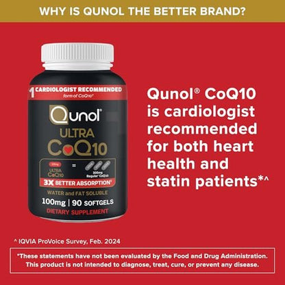 Qunol Ultra CoQ10 100 mg – 3-fach bessere Absorption, wasser- und fettlöslich, patentiertes Coenzym Q10 für die Herzgesundheit, 60 Softgels