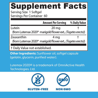 Doctor's Best Lutein 20 mg mit Zeaxanthin – Lutemax 2020 Ringelblumenextrakt für die Augengesundheit – 60 Softgels