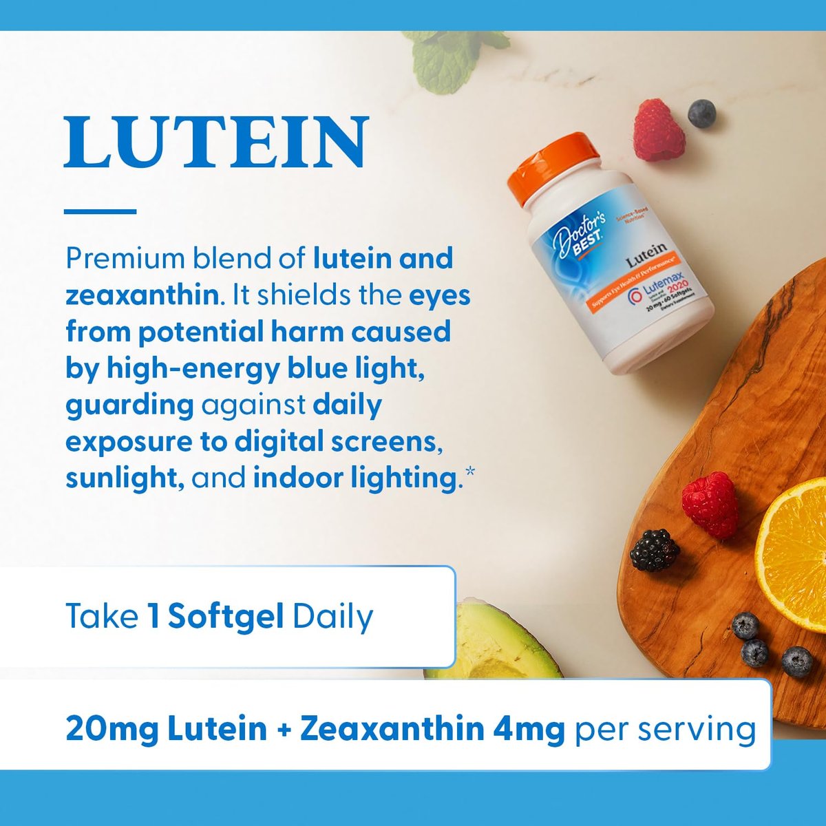 Doctor's Best Lutein 20 mg mit Zeaxanthin – Lutemax 2020 Ringelblumenextrakt für die Augengesundheit – 60 Softgels