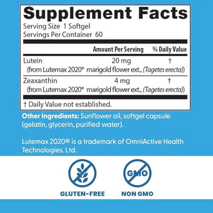 Doctor's Best Lutein 20 mg mit Zeaxanthin – Lutemax 2020 Ringelblumenextrakt für die Augengesundheit – 60 Softgels
