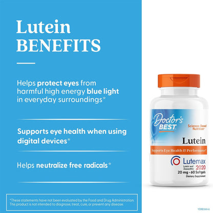Doctor's Best Lutein 20 mg mit Zeaxanthin – Lutemax 2020 Ringelblumenextrakt für die Augengesundheit – 60 Softgels
