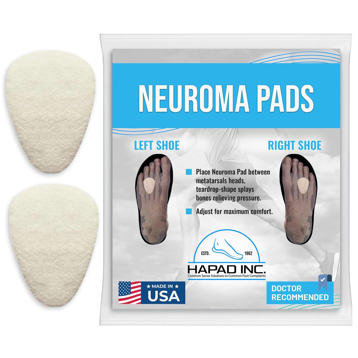 HAPAD Morton-Neuromen-Pads (1er Pack) - Tränenförmige, selbstklebende Wollfilz-Metatarsal-Pads für Männer & Frauen - Stützende, atmungsaktive, bequeme Ballenpads zur Schmerzlinderung