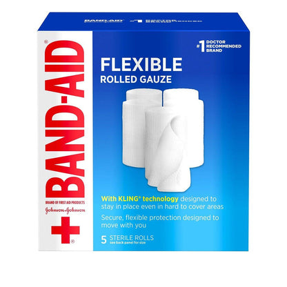 Band-Aid Flexible Mullbinde zur Wundversorgung, weiche Polsterung und sofortige Absorption, 7,6 cm x 1,9 m, 5er-Pack