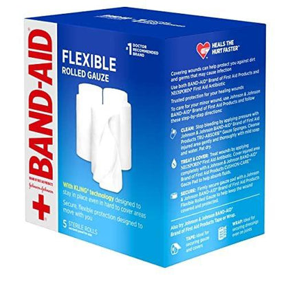 Band-Aid Flexible Mullbinde zur Wundversorgung, weiche Polsterung und sofortige Absorption, 7,6 cm x 1,9 m, 5er-Pack