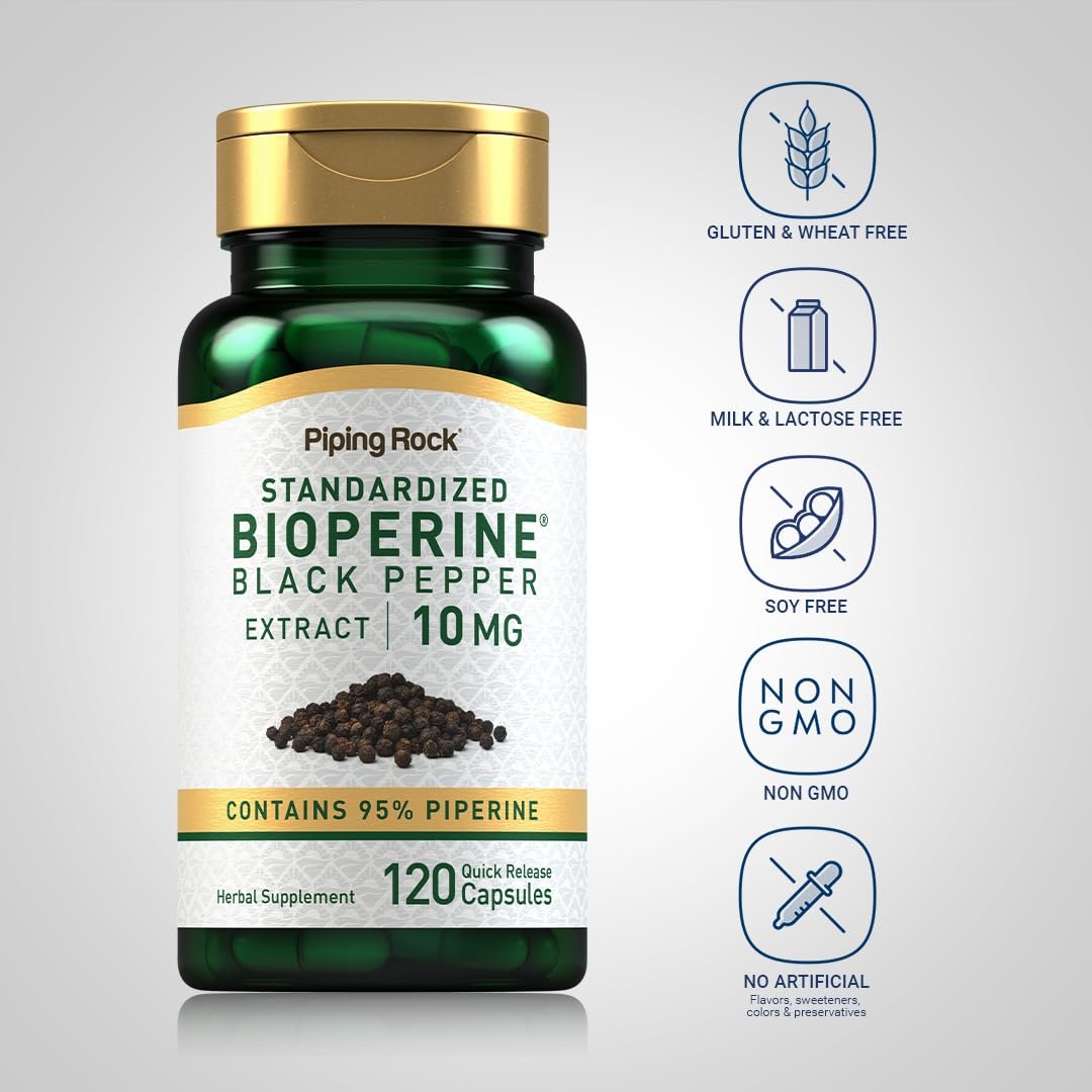 Piping Rock Bioperin Kapseln 10 mg | 120 Kapseln | Schwarzer Pfeffer Extrakt | 95% Piperin | Glutenfrei, Nicht-GMO