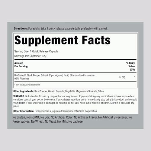 Piping Rock Bioperin Kapseln 10 mg | 120 Kapseln | Schwarzer Pfeffer Extrakt | 95% Piperin | Glutenfrei, Nicht-GMO