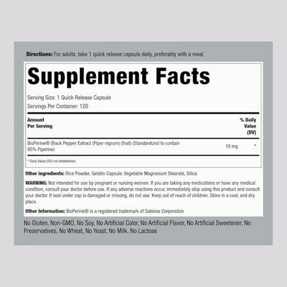 Piping Rock Bioperin Kapseln 10 mg | 120 Kapseln | Schwarzer Pfeffer Extrakt | 95% Piperin | Glutenfrei, Nicht-GMO