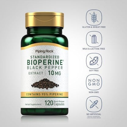 Piping Rock Bioperin Kapseln 10 mg | 120 Kapseln | Schwarzer Pfeffer Extrakt | 95% Piperin | Glutenfrei, Nicht-GMO