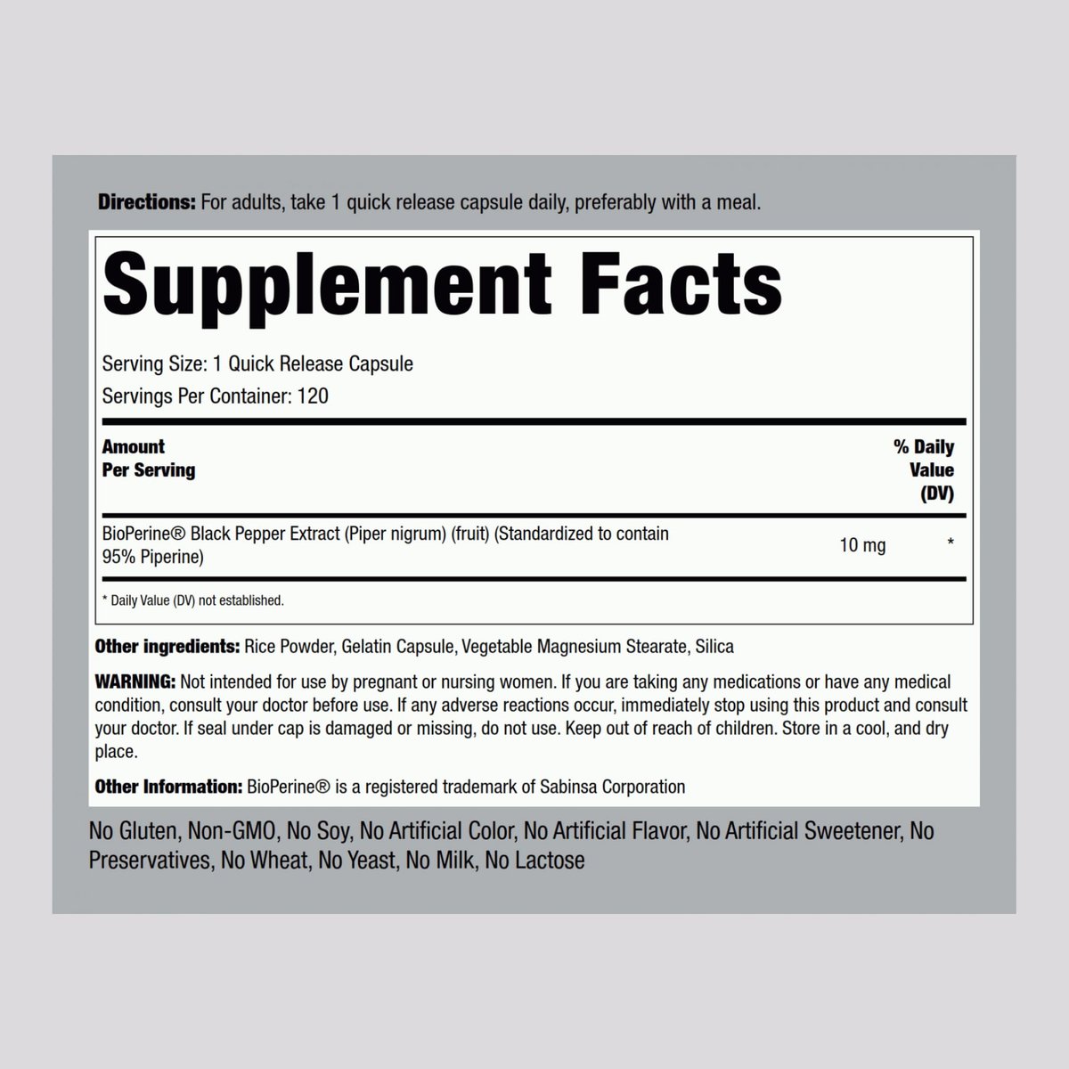 Piping Rock Bioperin Kapseln 10 mg | 120 Kapseln | Schwarzer Pfeffer Extrakt | 95% Piperin | Glutenfrei, Nicht-GMO