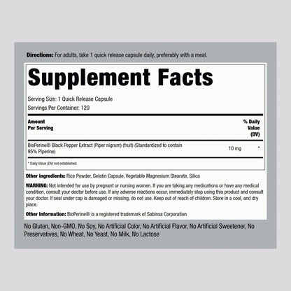 Piping Rock Bioperin Kapseln 10 mg | 120 Kapseln | Schwarzer Pfeffer Extrakt | 95% Piperin | Glutenfrei, Nicht-GMO