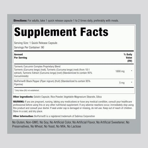 Piping Rock Kurkuma Curcumin mit schwarzem Pfeffer | 90 Kapseln | Kräuterkomplex mit Bioperin-Extrakt | Non-GMO, Glutenfrei