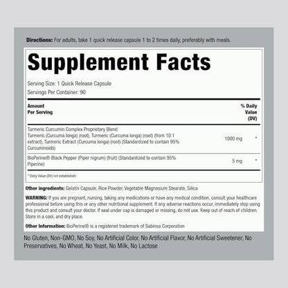 Piping Rock Kurkuma Curcumin mit schwarzem Pfeffer | 90 Kapseln | Kräuterkomplex mit Bioperin-Extrakt | Non-GMO, Glutenfrei