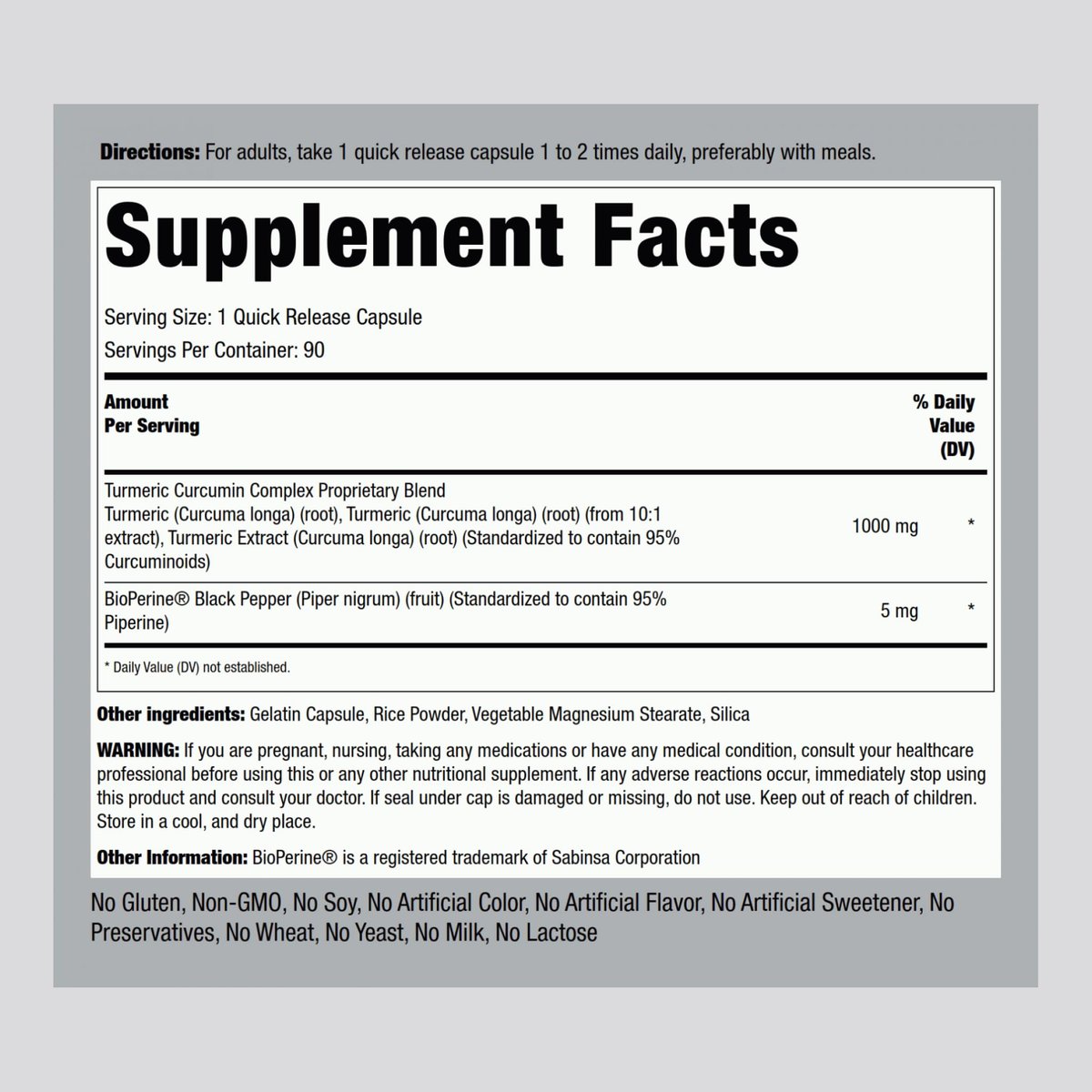Piping Rock Kurkuma Curcumin mit schwarzem Pfeffer | 90 Kapseln | Kräuterkomplex mit Bioperin-Extrakt | Non-GMO, Glutenfrei