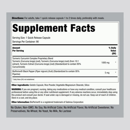 Piping Rock Kurkuma Curcumin mit schwarzem Pfeffer | 90 Kapseln | Kräuterkomplex mit Bioperin-Extrakt | Non-GMO, Glutenfrei