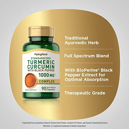 Piping Rock Kurkuma Curcumin mit schwarzem Pfeffer | 90 Kapseln | Kräuterkomplex mit Bioperin-Extrakt | Non-GMO, Glutenfrei