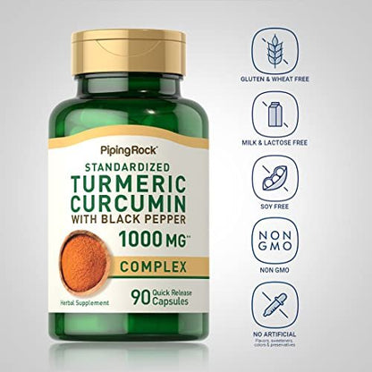 Piping Rock Kurkuma Curcumin mit schwarzem Pfeffer | 90 Kapseln | Kräuterkomplex mit Bioperin-Extrakt | Non-GMO, Glutenfrei